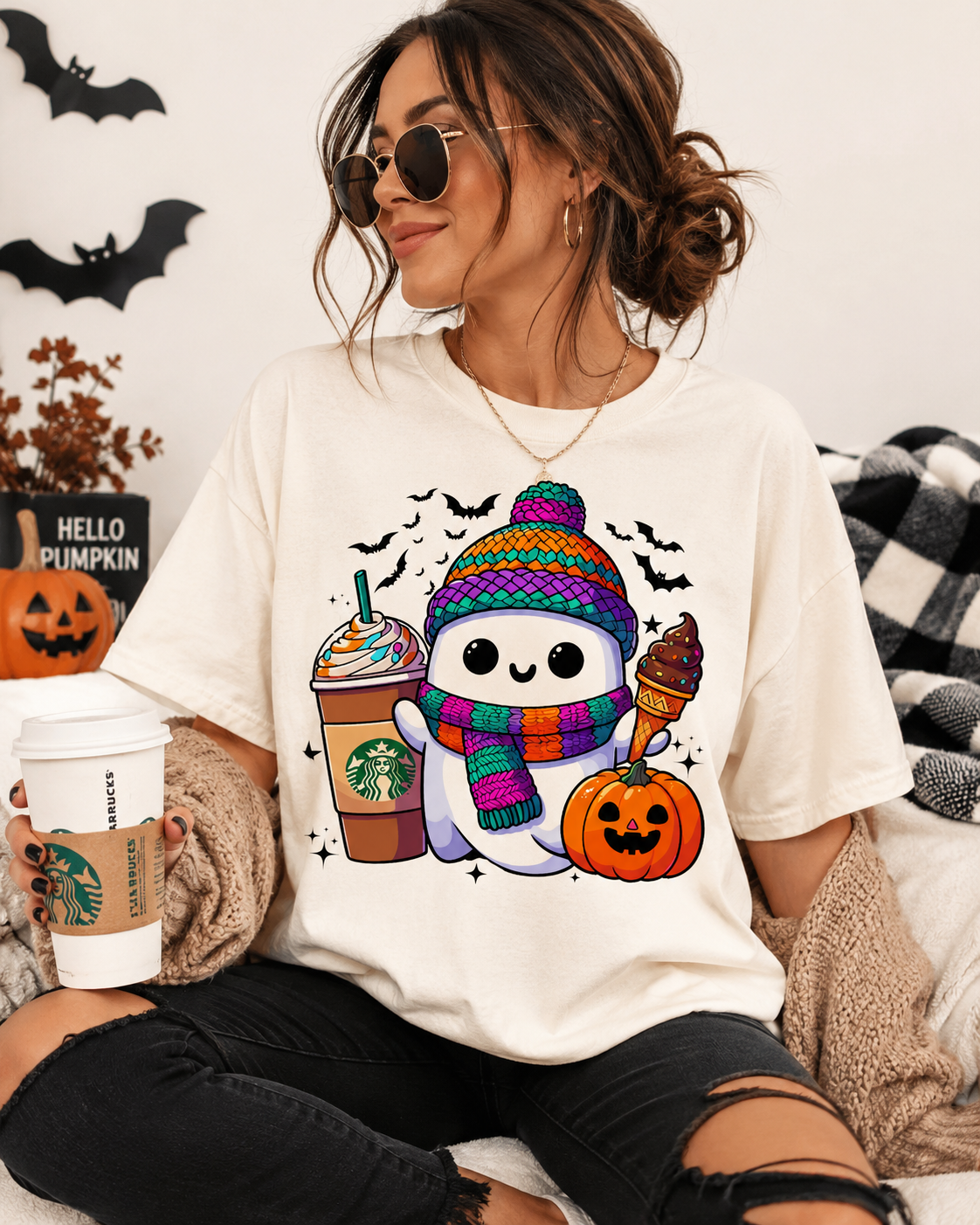 Cozy Ghost Halloween Coffee Graphic Tee