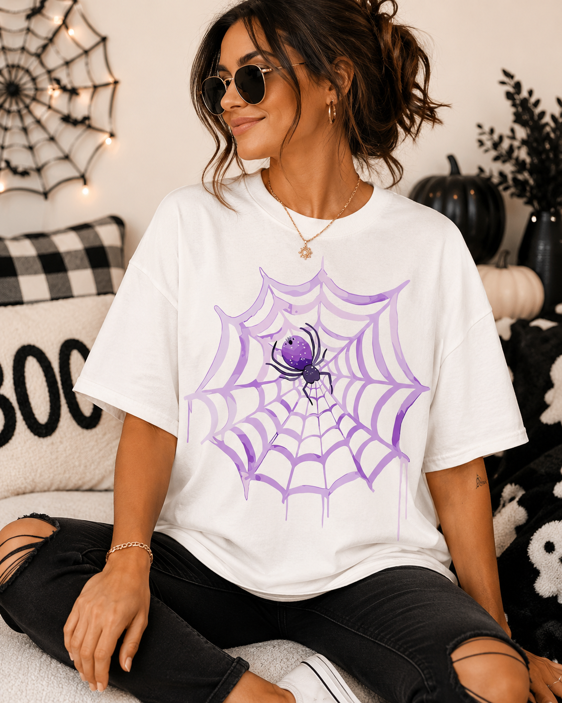 Purple Spiderweb Halloween Graphic Tee
