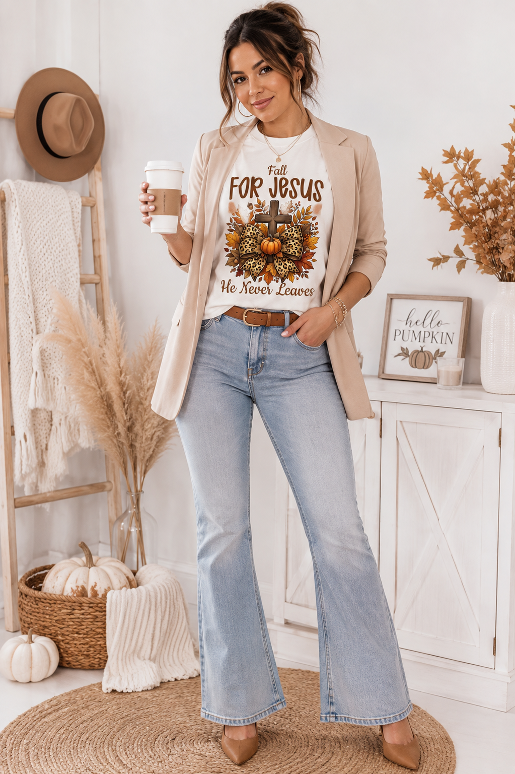 Fall for Jesus He Never Leaves Graphic Tee🍂