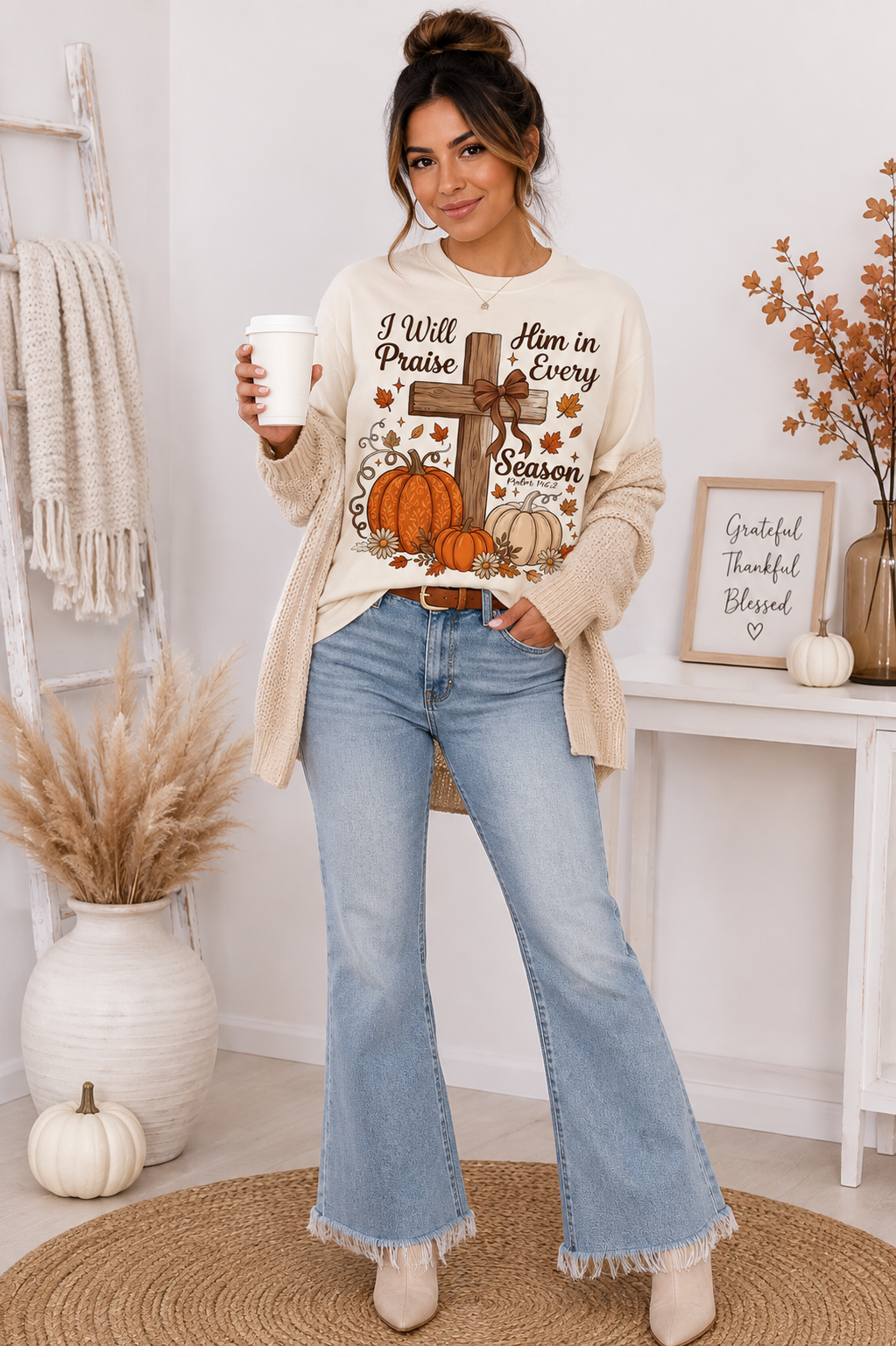 I Will Praise Him in Every Season Christian Fall Graphic Tee