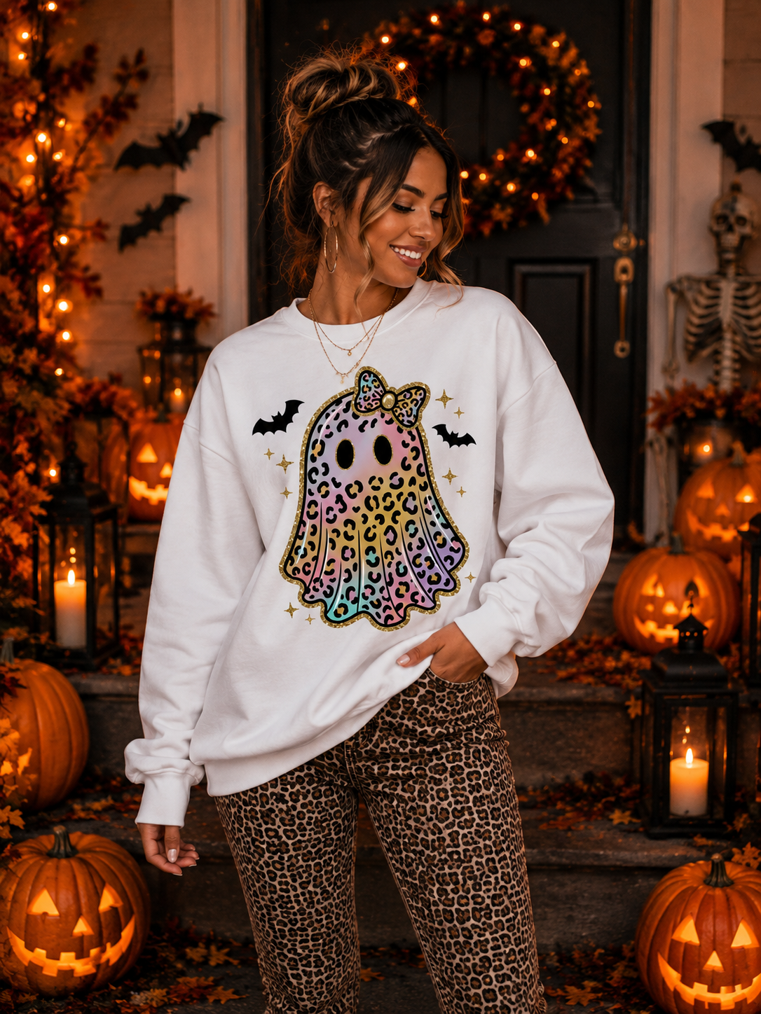 Pastel Leopard Ghost Halloween Graphic Crewneck Sweatshirt