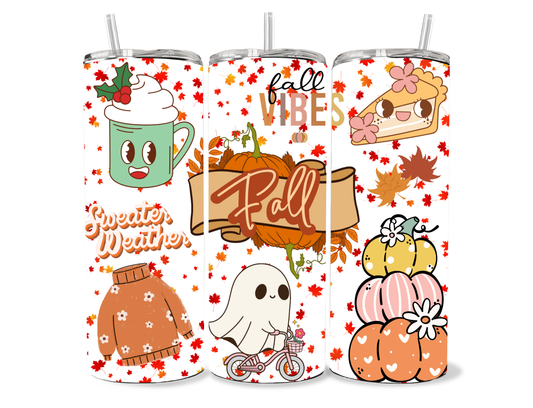 Fall Vibes 20oz Skinny Tumbler – Cute Autumn Pumpkin, Ghost & Sweater Weather Design