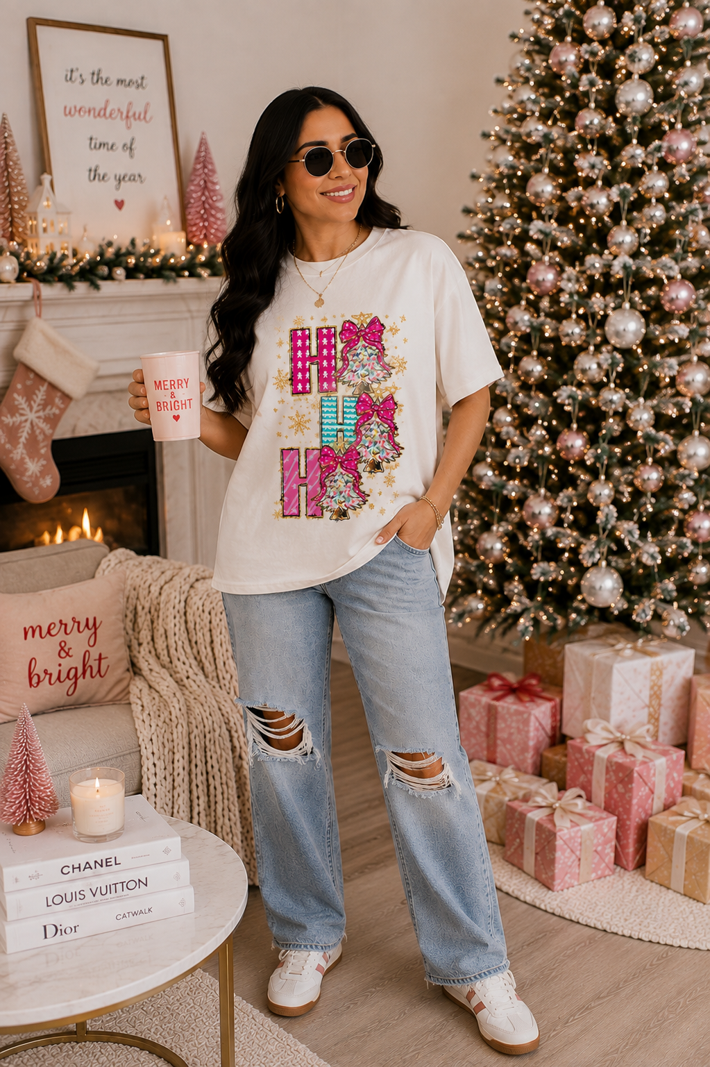 Pink Holiday Ho Ho Ho Graphic Tee