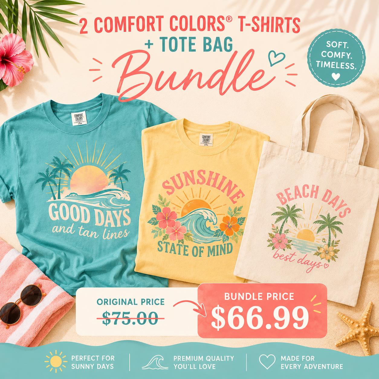 2 Mystery Summer Graphic Tees  + Tote Bag Bundle