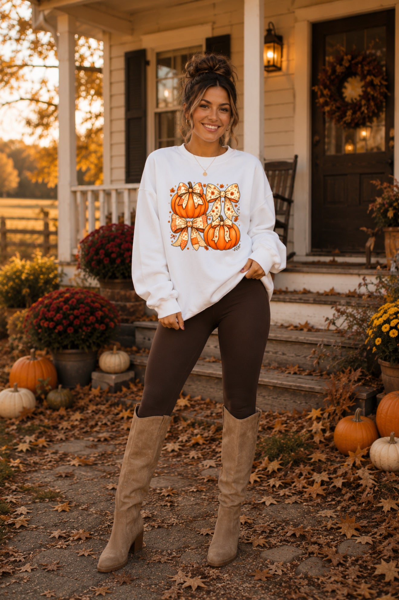 Coquette Pumpkin Bow Crewneck Sweatshirt