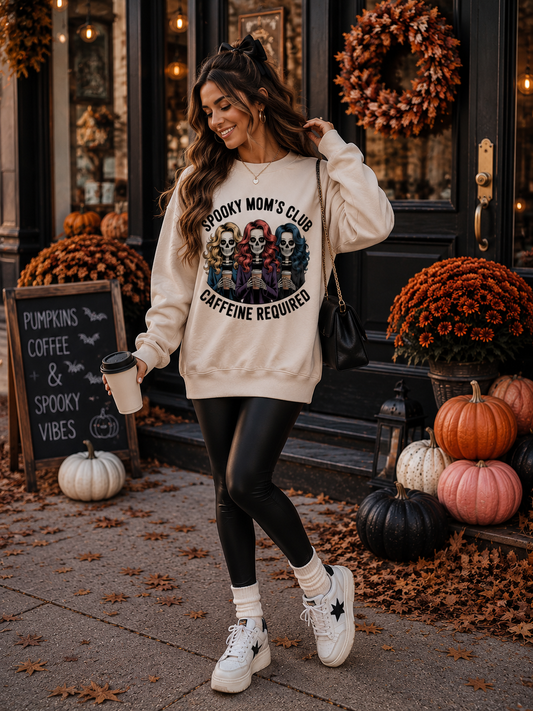 Spooky Mom’s Club Crewneck Sweatshirt | Caffeine Required