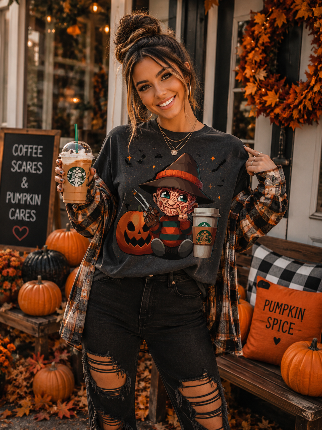 Freddy Coffee Comfort Colors Graphic Tee | Cute Horror Halloween Shirt