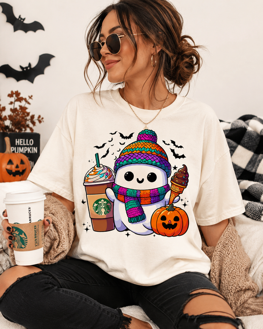 Cozy Ghost Halloween Coffee Graphic Tee