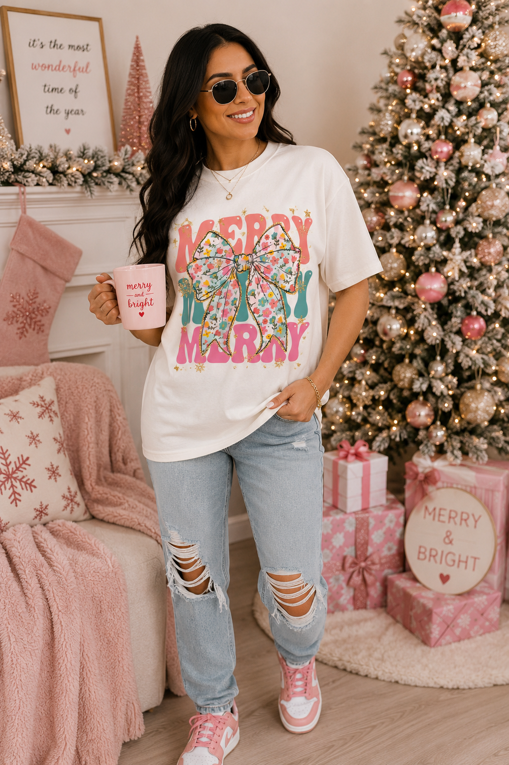Floral Reindeer Christmas Graphic Tee