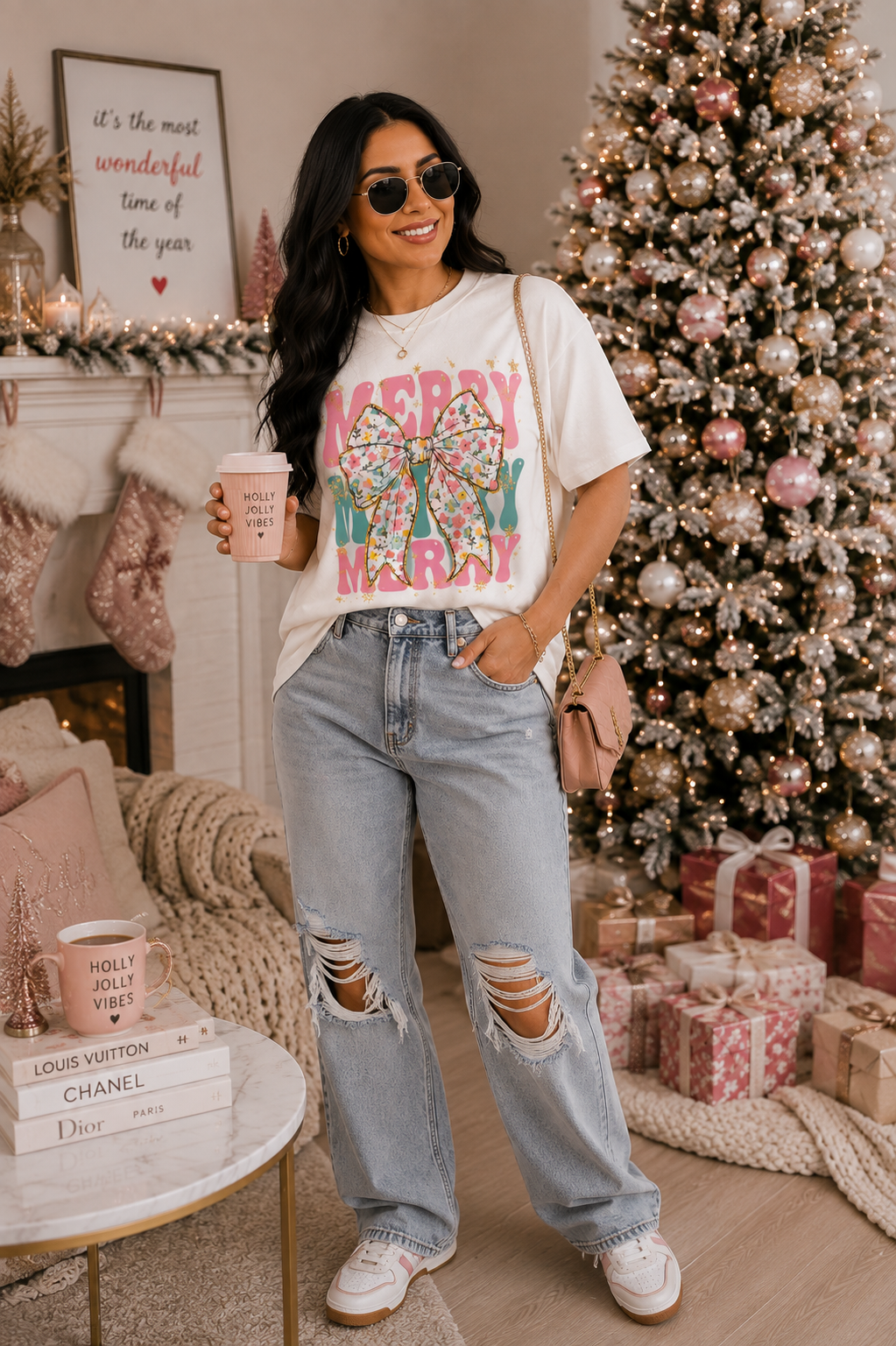 Floral Reindeer Christmas Graphic Tee