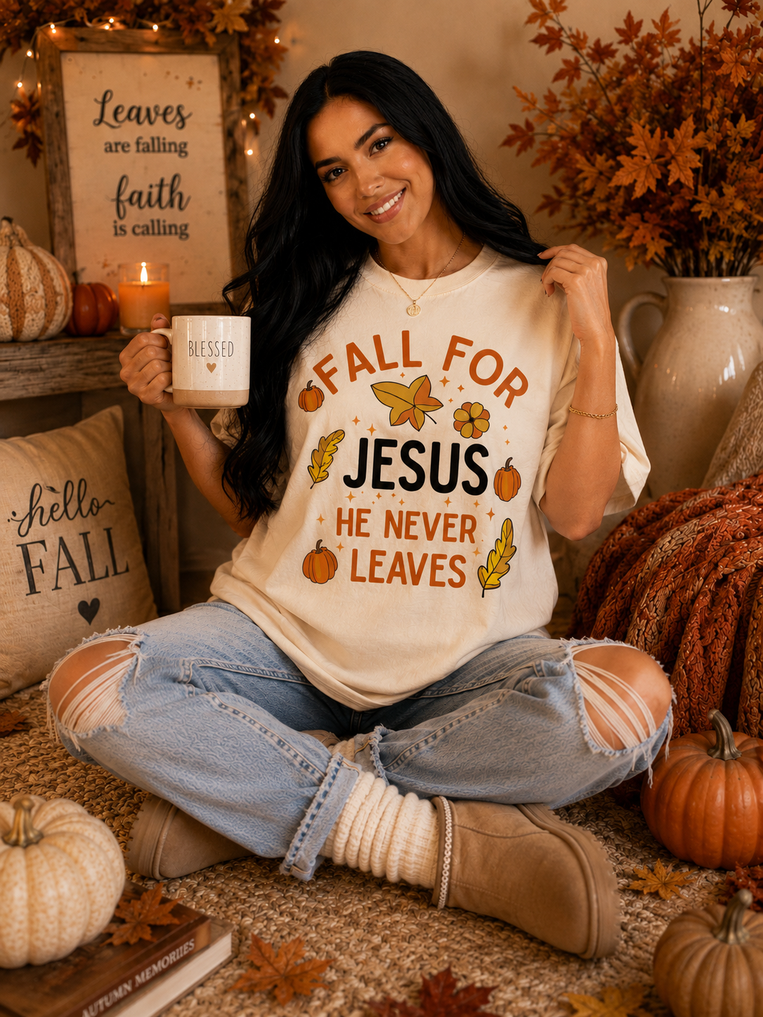 Fall for Jesus He Never Leaves Graphic T-Shirt