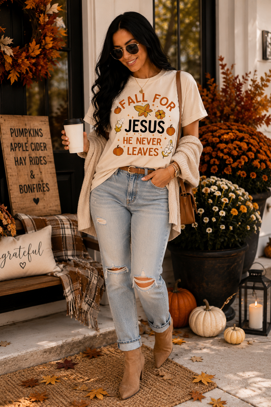 Fall for Jesus He Never Leaves Graphic T-Shirt