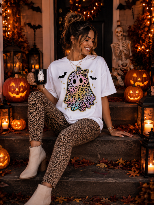 Pastel Leopard Ghost Halloween Graphic T-Shirt