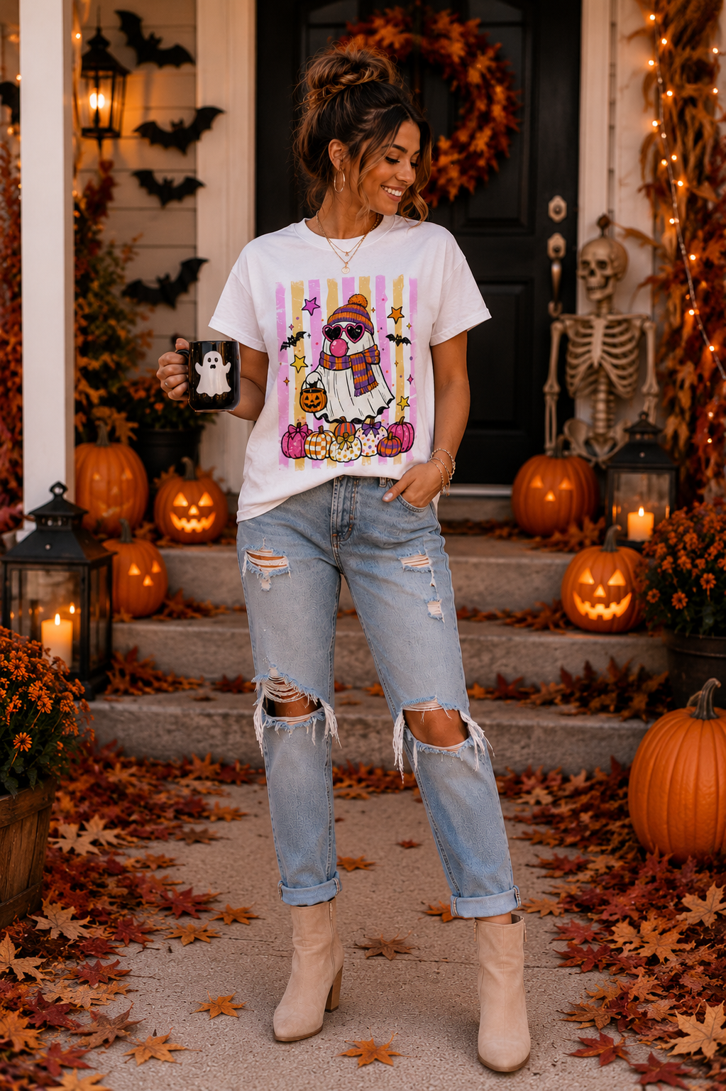 Pink & Orange Retro Ghost Halloween Graphic T-Shirt