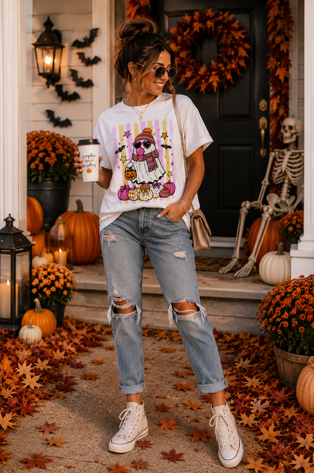 Pink & Orange Retro Ghost Halloween Graphic T-Shirt