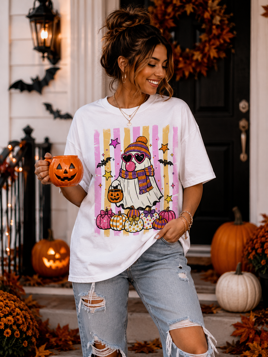 Pink & Orange Retro Ghost Halloween Graphic T-Shirt