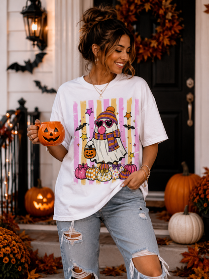 Pink & Orange Retro Ghost Halloween Graphic T-Shirt