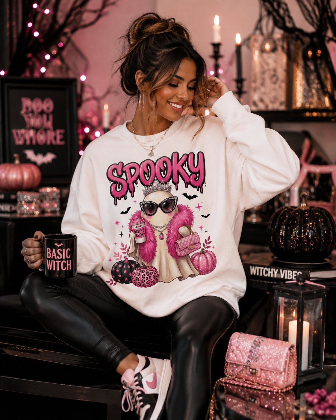 Spooky Glam Ghost Halloween Graphic Crewneck Sweatshirt